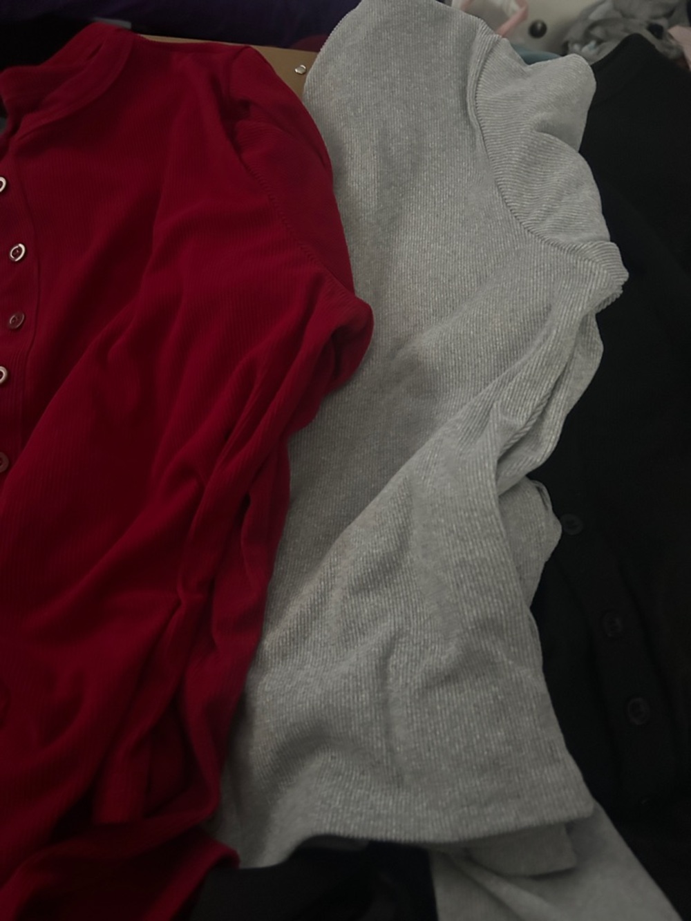 Three Ribbed Button tops - Red, Light Gray, Black